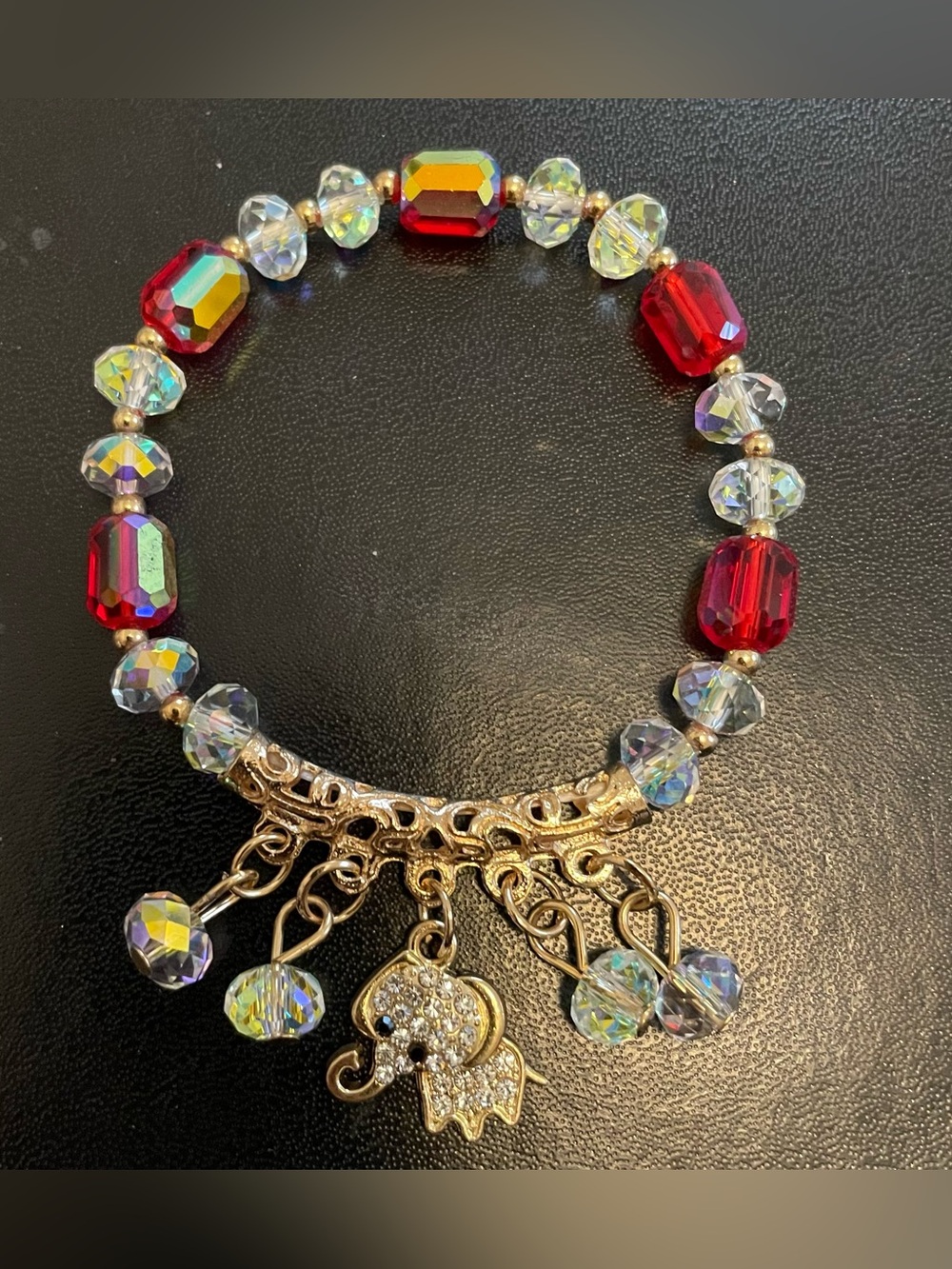 * Czech AB and Red Crystal Elephant Charm Bracelet 7”-8” stretchy NEW Gorgeous!